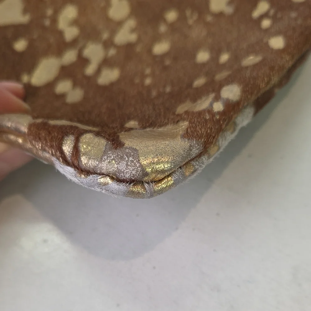 Wild Goose WG Gold and Brown Leather‎ Cowhide Hair Wristlet Clutch